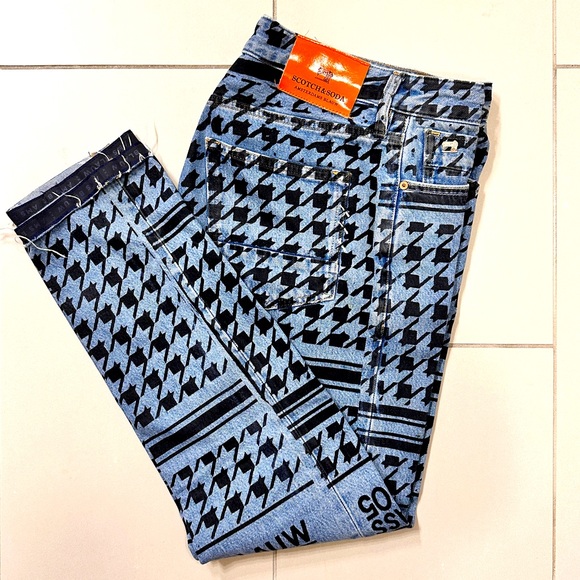 Scotch & Soda Houndstooth Pattern Printed Ralston Blue Jeans - Picture 1 of 3